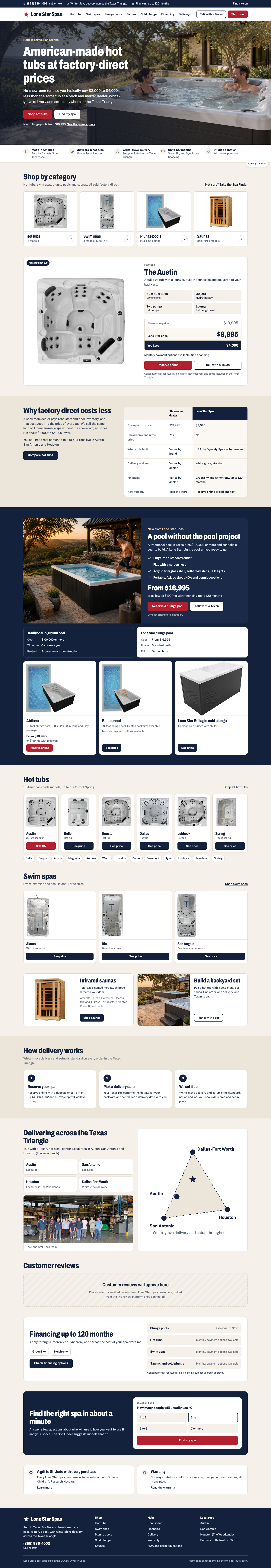 Homepage concept for Lone Star Spas, desktop