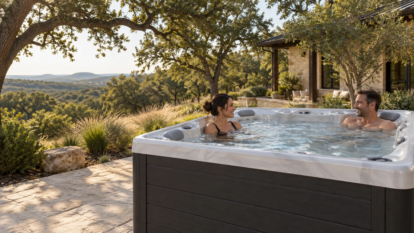 Couple in a Lone Star hot tub overlooking the Texas Hill Country