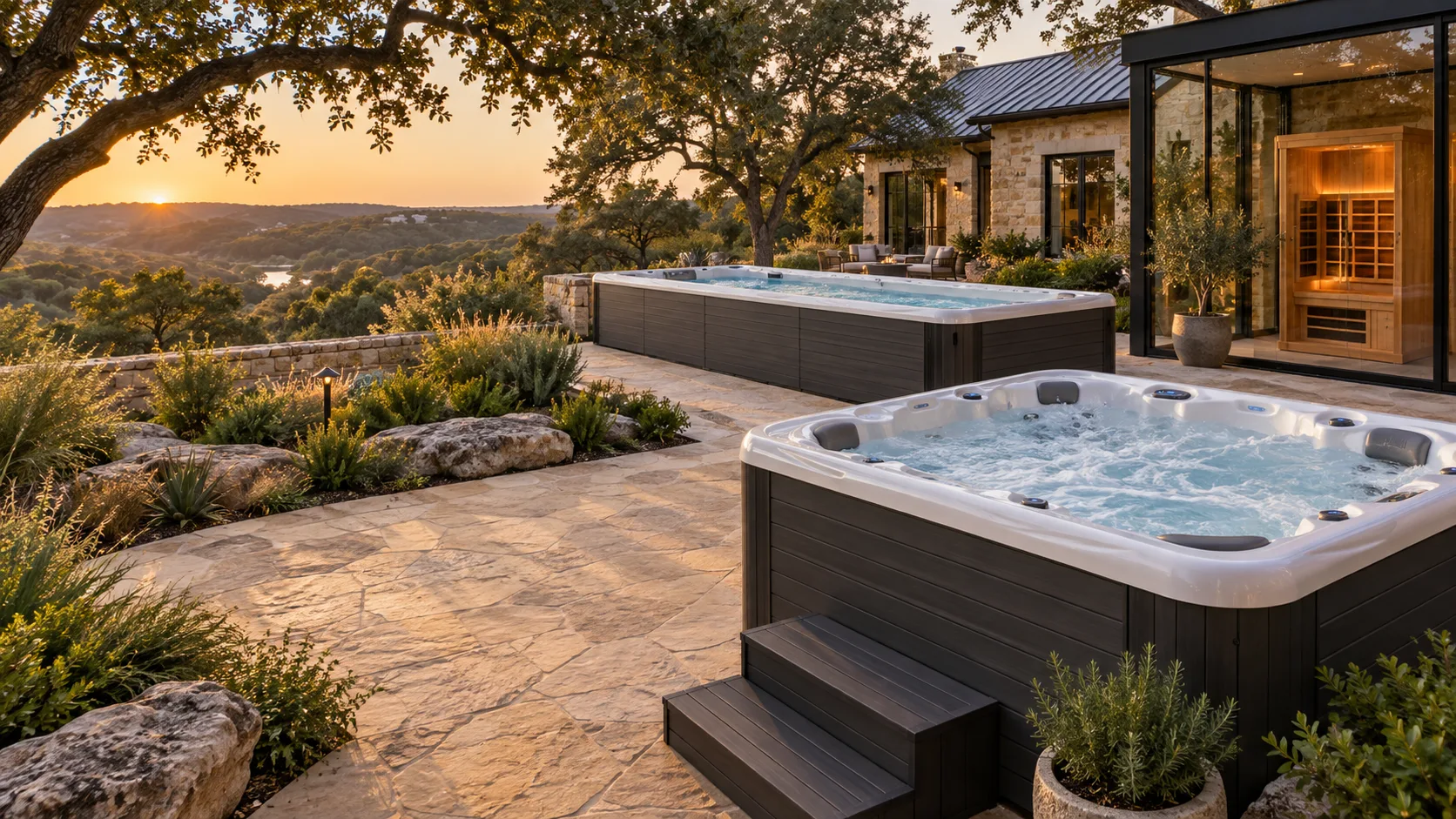 Hot tub, swim spa and sauna on a Texas patio